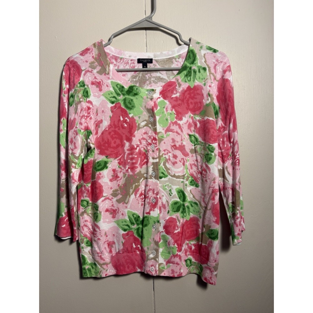 Talbot's Pink Floral 3/4 Sleeve Sweater Mp Garden Preppy Cottagecore Coastal